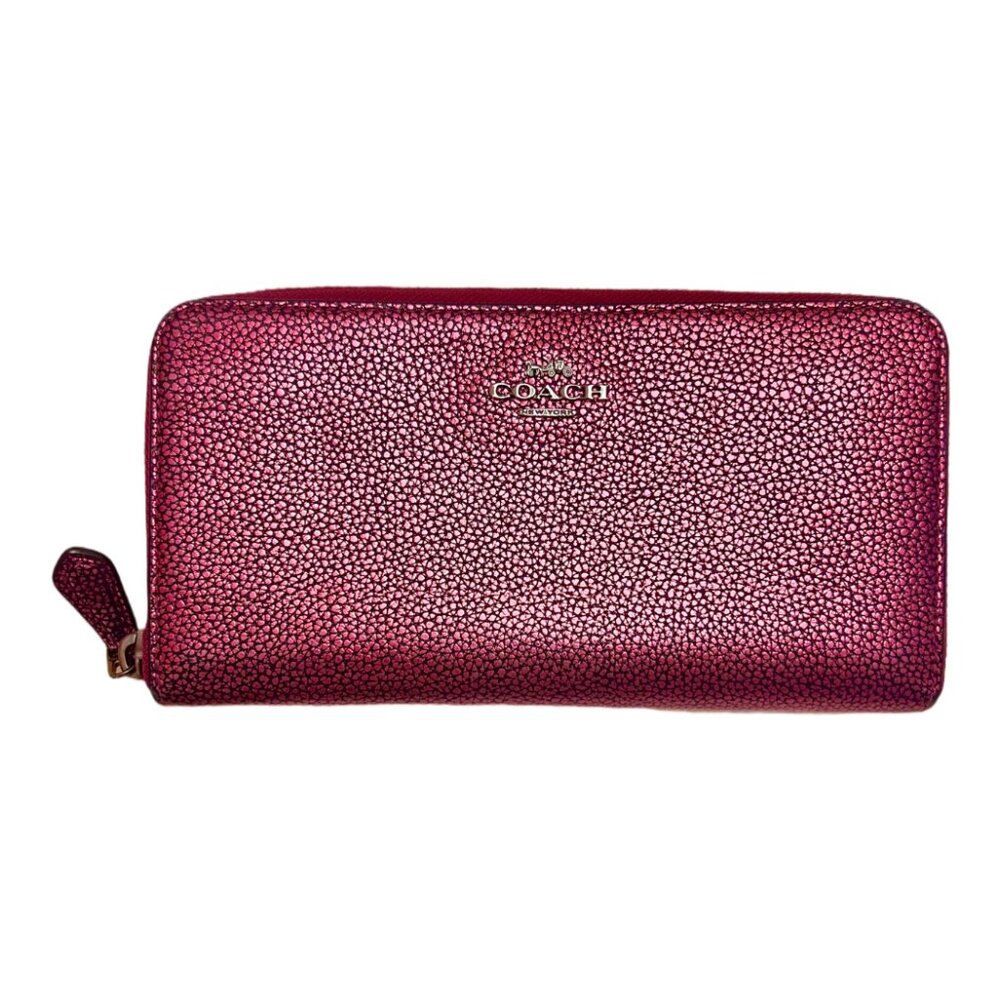 RARE COLOR! COACH Pink Metallic Pebble Leather Accordion Zip Wallet - Picture 2 of 11